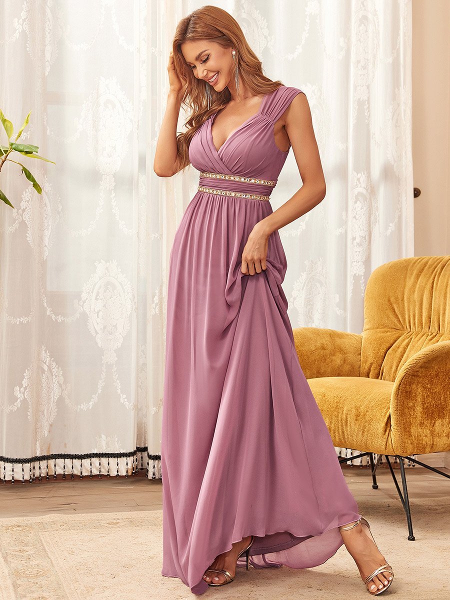 V-Neck Empire Waist Chiffon Maxi Long Wholesale Evening Gowns