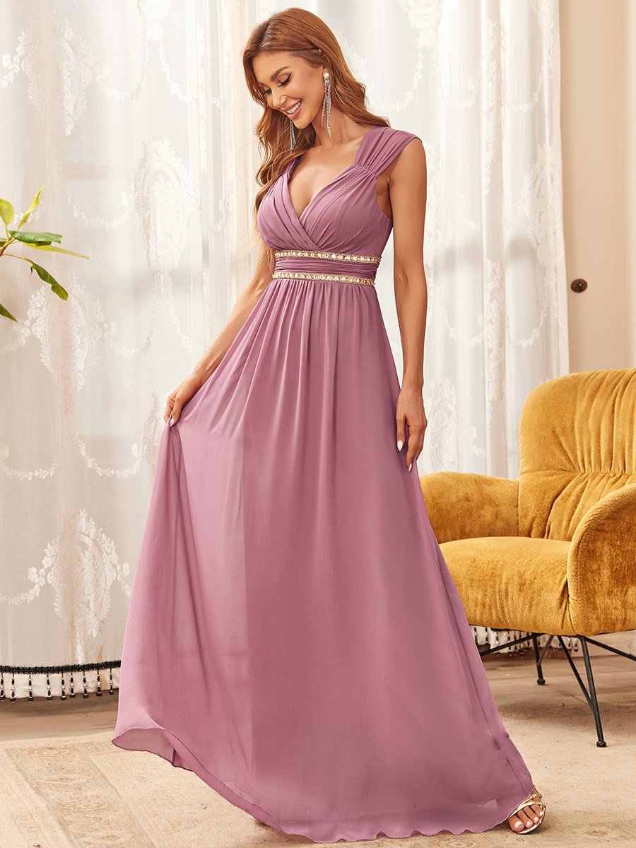 V-Neck Empire Waist Chiffon Maxi Long Wholesale Evening Gowns