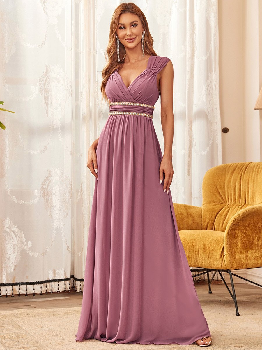 V-Neck Empire Waist Chiffon Maxi Long Wholesale Evening Gowns