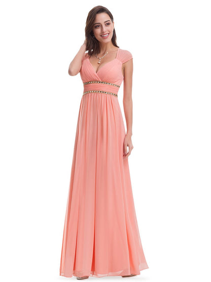 V-Neck Empire Waist Chiffon Maxi Long Wholesale Evening Gowns