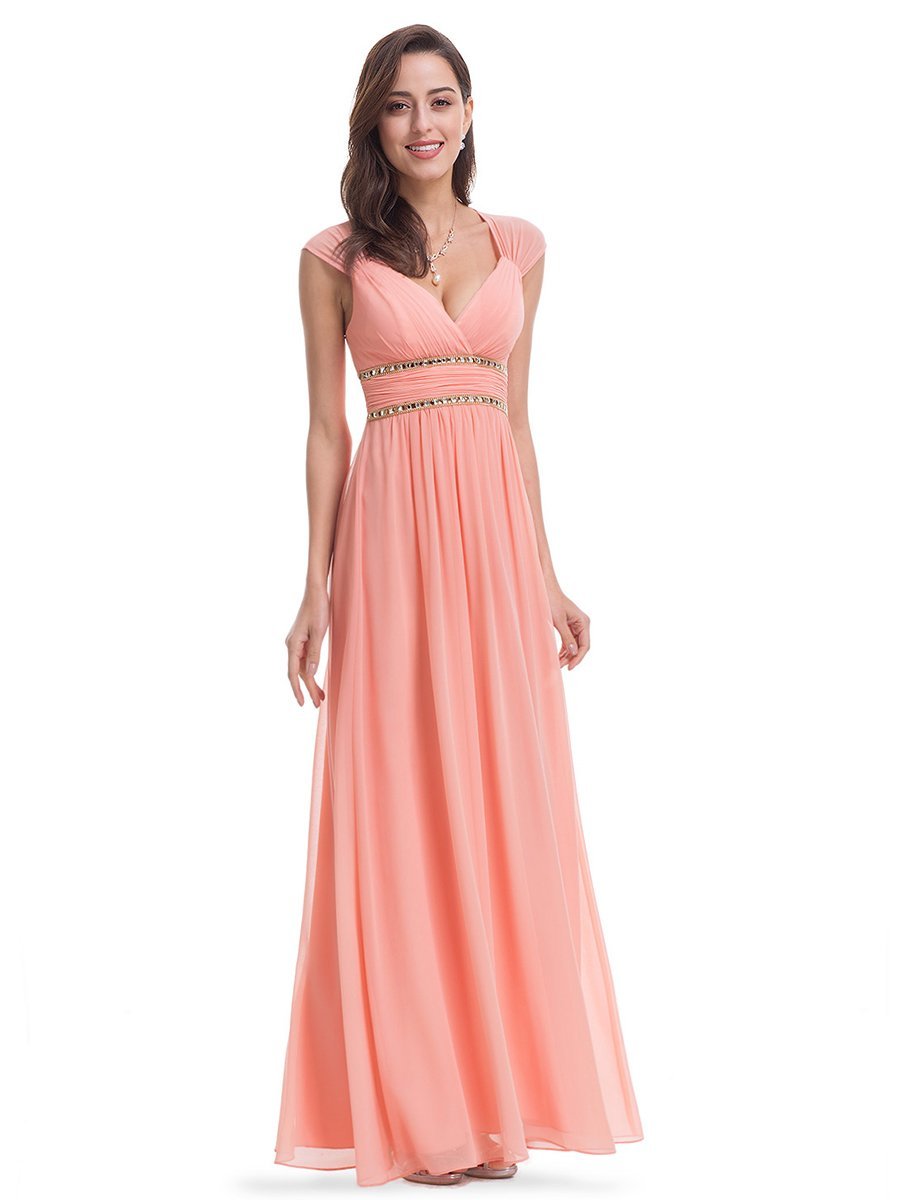 V-Neck Empire Waist Chiffon Maxi Long Wholesale Evening Gowns