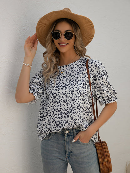 T-Shirts - Printed Round Neck Puff Sleeve T-Shirt - MsDressly