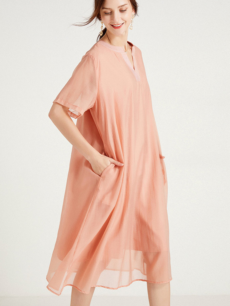 Plus Midi Dresses - Size Curve Dresses Large Size V-Neck Short Sleeve Silk Loose Midi Dress - MsDressly