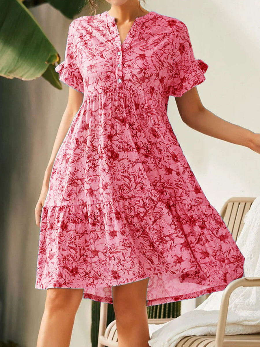 Mini Dresses - V Neck Button Print Loose Casual Mini Dress - MsDressly