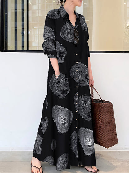 Maxi Dresses - Cotton Printed Long Sleeve Loose Casual Maxi Dress - MsDressly