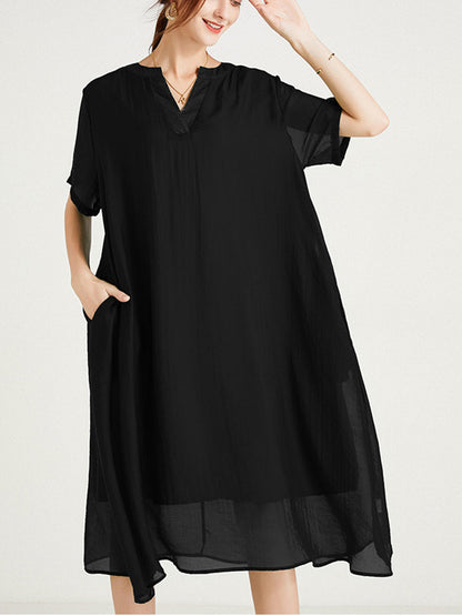 Plus Midi Dresses - Size Curve Dresses Large Size V-Neck Short Sleeve Silk Loose Midi Dress - MsDressly