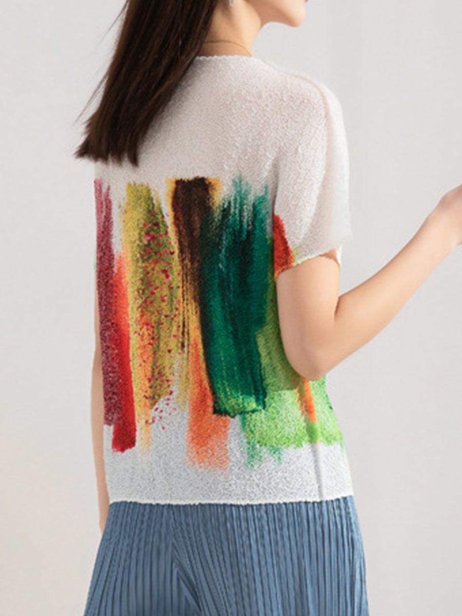T-Shirts - Embroidered Stretch Print Loose T-Shirt - MsDressly