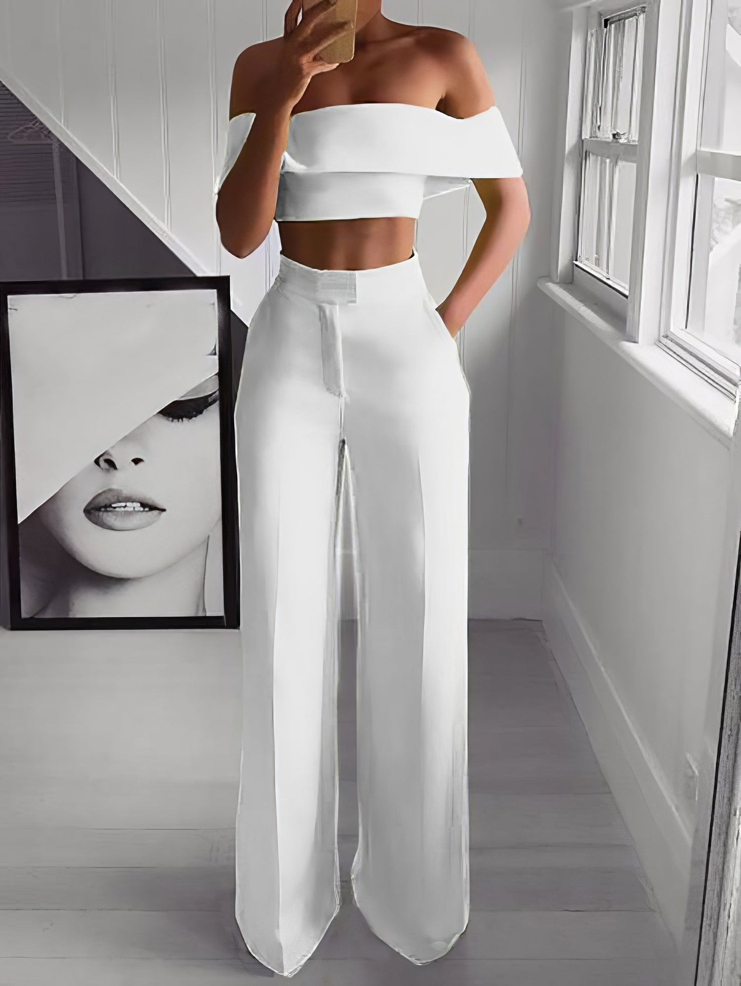 Sets - One-Shoulder Crop Top & Mopping Pants Two-Piece Suit - MsDressly