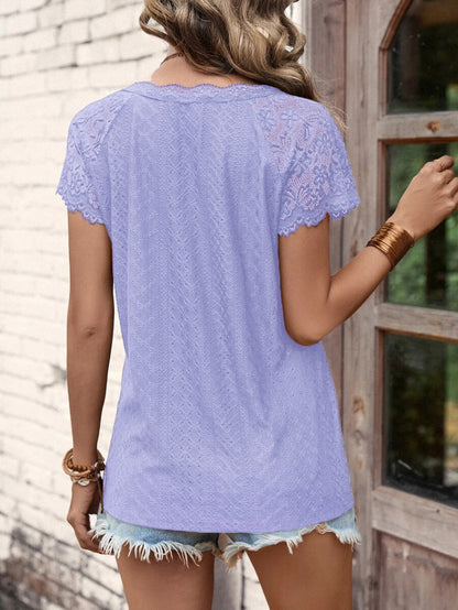 T-Shirts - V-Neck Stitching Lace Loose Short-Sleeved T-Shirt - MsDressly