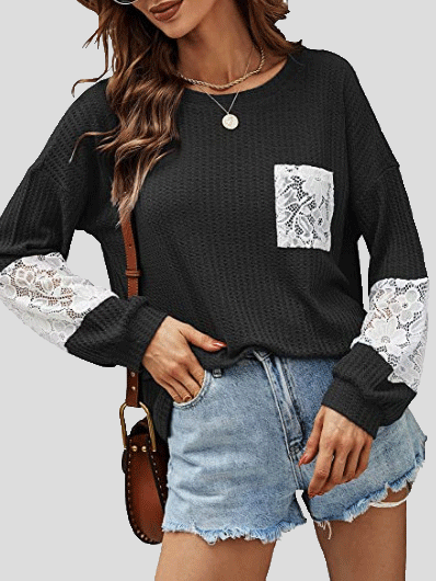 Women's T-Shirts Lace Stitching Pockets Round Neck Long Sleeves T-Shirt