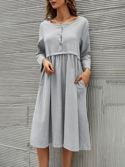 Women's Dresses Round Neck Button Pocket Mid-Sleeve Solid Dress