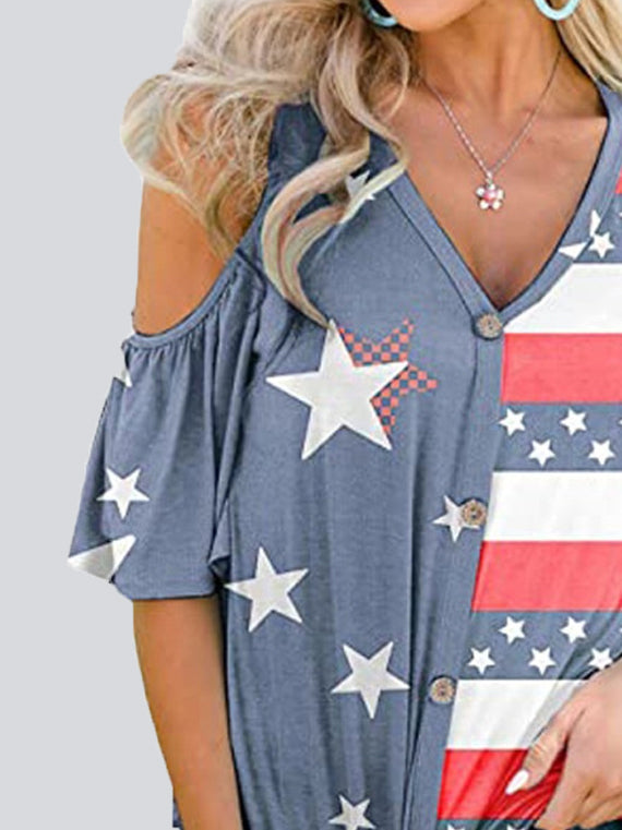 Casual Star Stripe Off-shoulder Button Top T-shirt