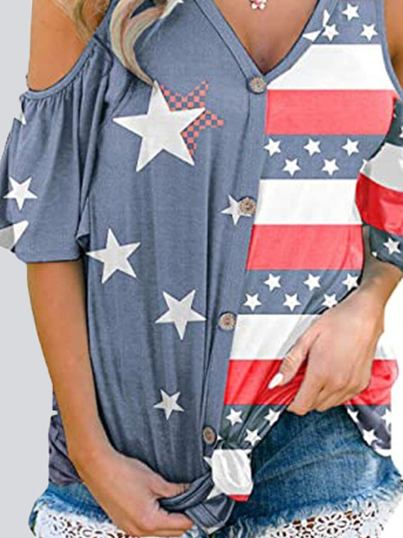 Casual Star Stripe Off-shoulder Button Top T-shirt