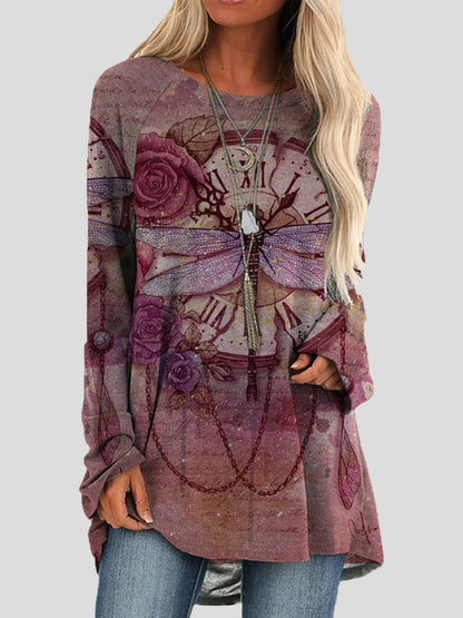 Women's T-Shirts Loose Round Neck Retro Dragonfly Print Long Sleeve T-Shirts