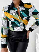 Women's Blouses Fashion Print Lapel Button Long Sleeve Blouse