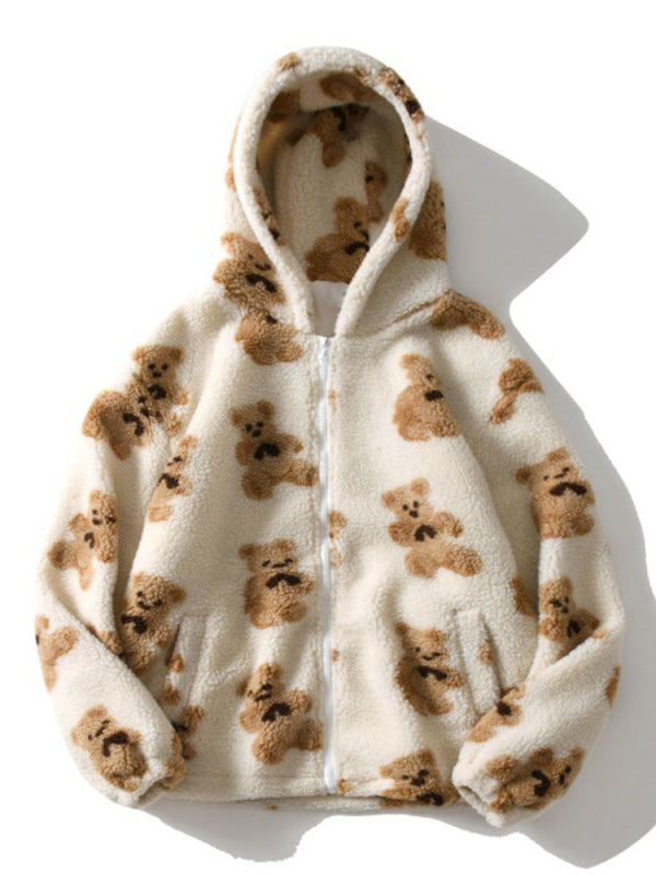 Women's Hoodies Cartoon Bear Zip Pocket Plush Hoody