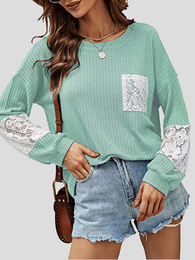 Women's T-Shirts Lace Stitching Pockets Round Neck Long Sleeves T-Shirt