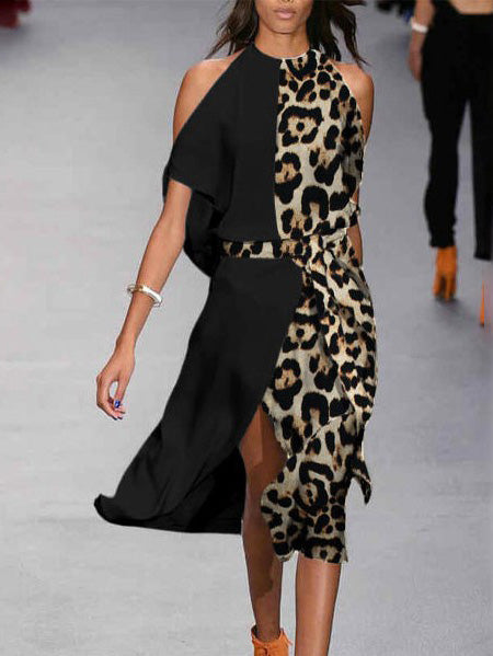 Women's Dresses Off-Shoulder Face Leopard Print Halter Dress