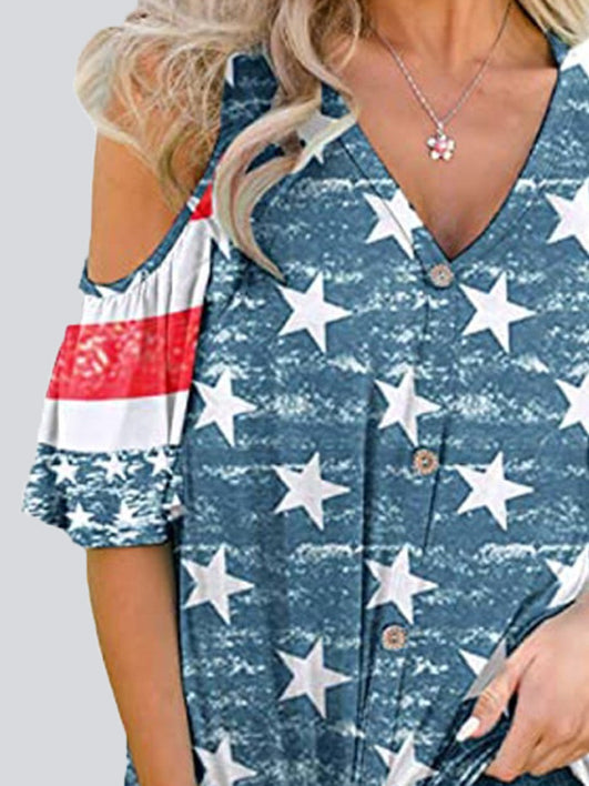 Casual Star Stripe Off-shoulder Button Top T-shirt