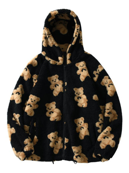 Women's Hoodies Cartoon Bear Zip Pocket Plush Hoody