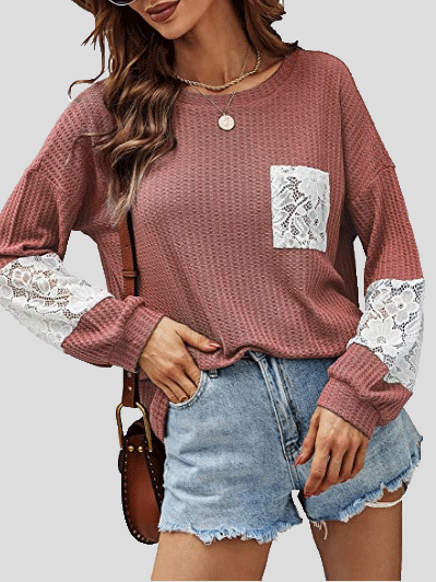 Women's T-Shirts Lace Stitching Pockets Round Neck Long Sleeves T-Shirt