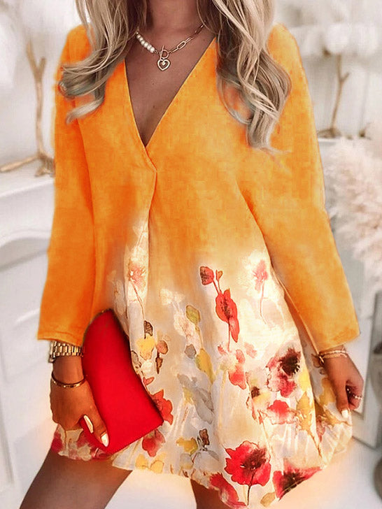 Loose V-Neck Printed Long Sleeve Dress