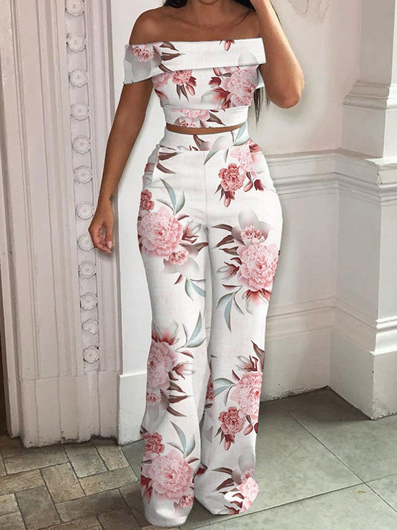 Women's Sets Crop Boat Neck Top & Wide Leg Pants Two-Piece Set