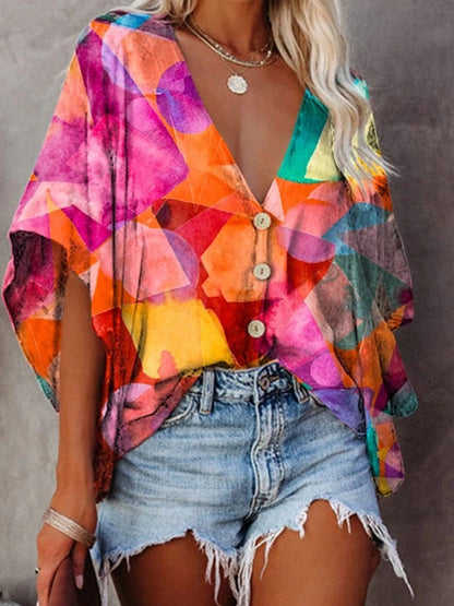 V Neck Bat Sleeve Digital Print Blouse