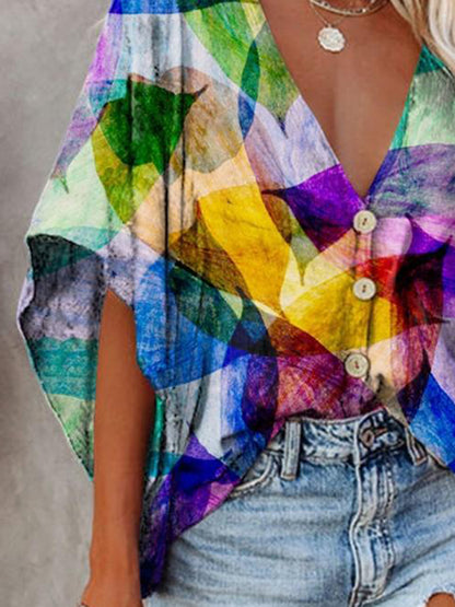 V Neck Bat Sleeve Digital Print Blouse