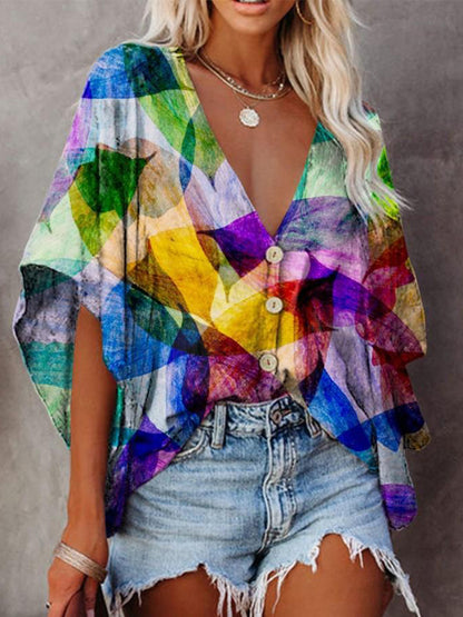 V Neck Bat Sleeve Digital Print Blouse