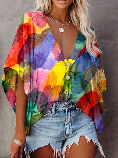 V Neck Bat Sleeve Digital Print Blouse