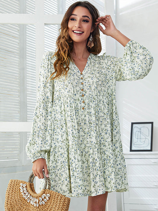 Mini Dresses - V-Neck Floral Printed Long Sleeve Button Casual Loose Mini Dress - MsDressly