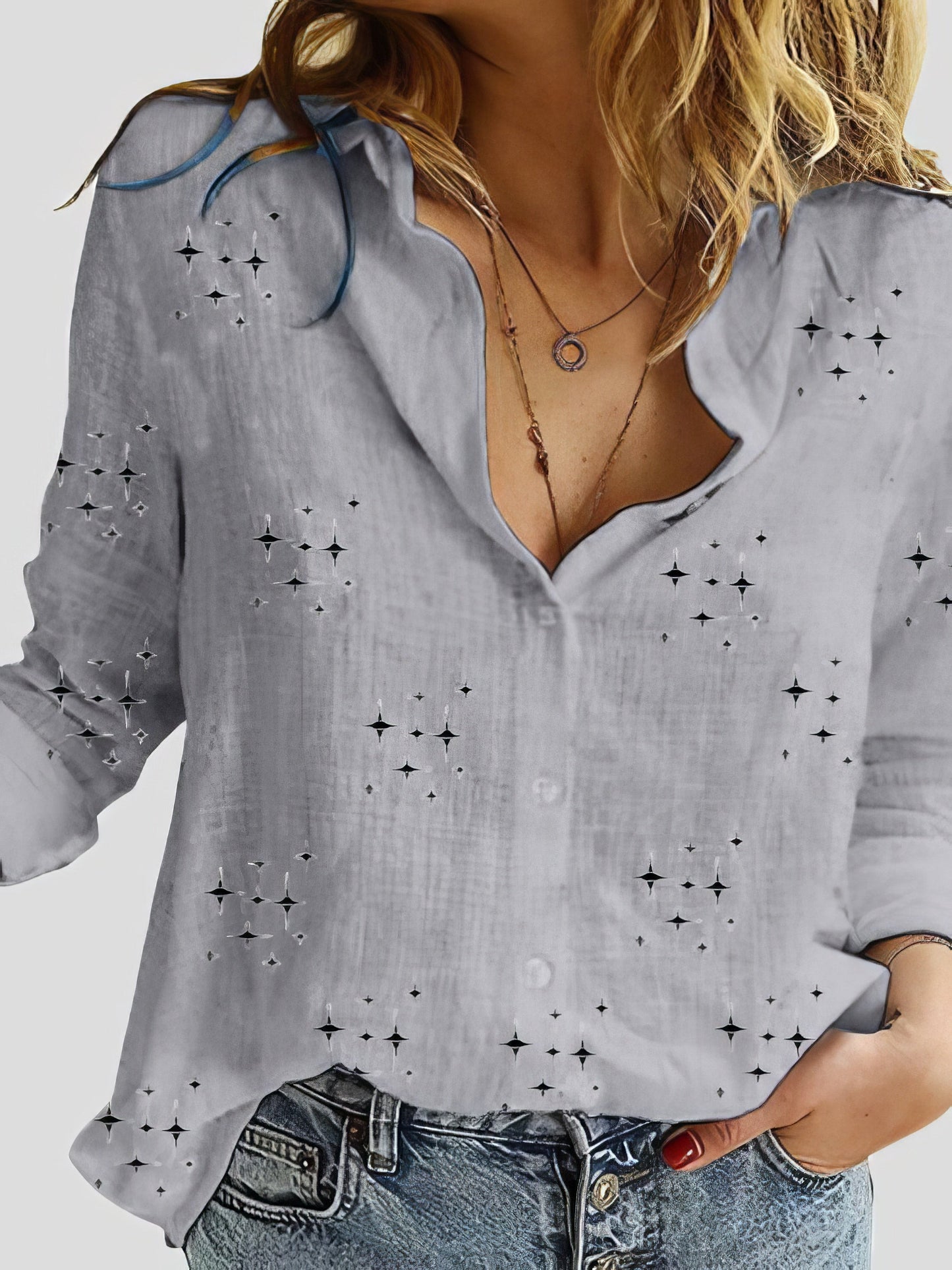 Blouses - Star Print Button Long Sleeve Blouses - MsDressly