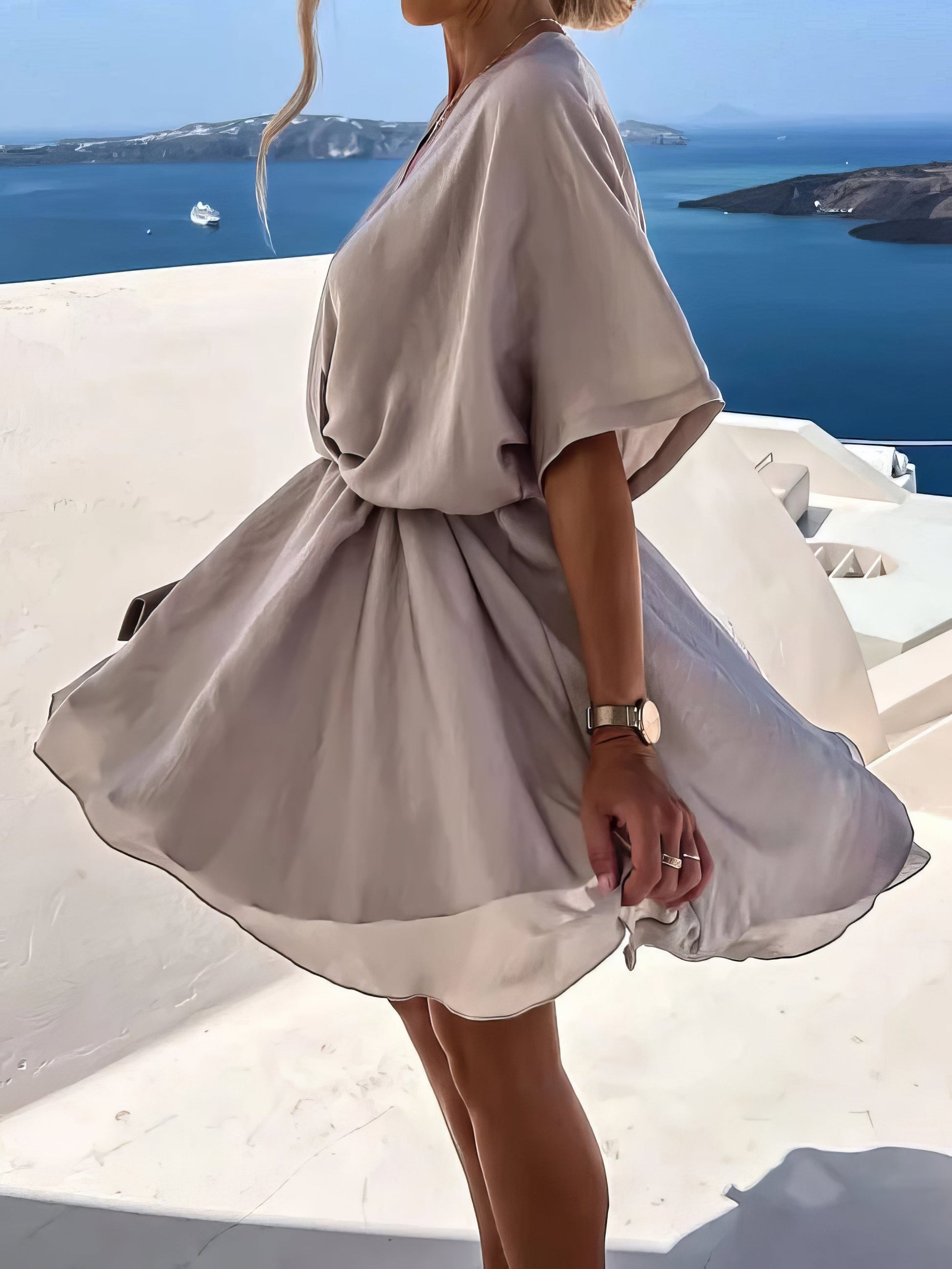 Mini Dresses - Loose V-Neck Short Sleeve Mini Dress - MsDressly