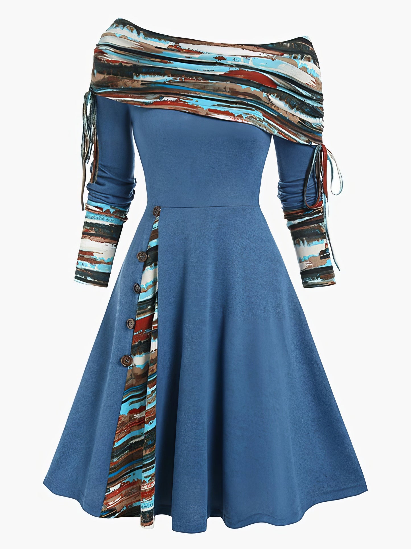 Midi Dresses - Off Shoulder Drawstring Long Sleeve Dress - MsDressly
