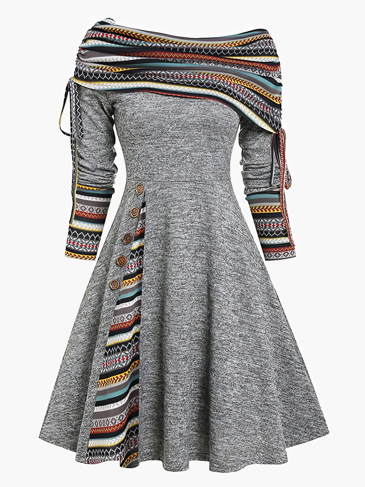 Midi Dresses - Off Shoulder Drawstring Long Sleeve Dress - MsDressly