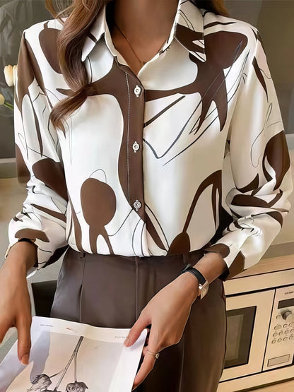 Blouses - Long Sleeve Stand Collar Button Printed Blouse - MsDressly