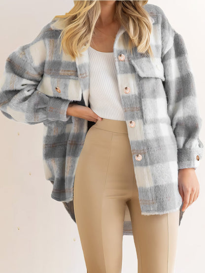 Coats - Plaid Plush Single Breasted Wool Thick Coat - MsDressly