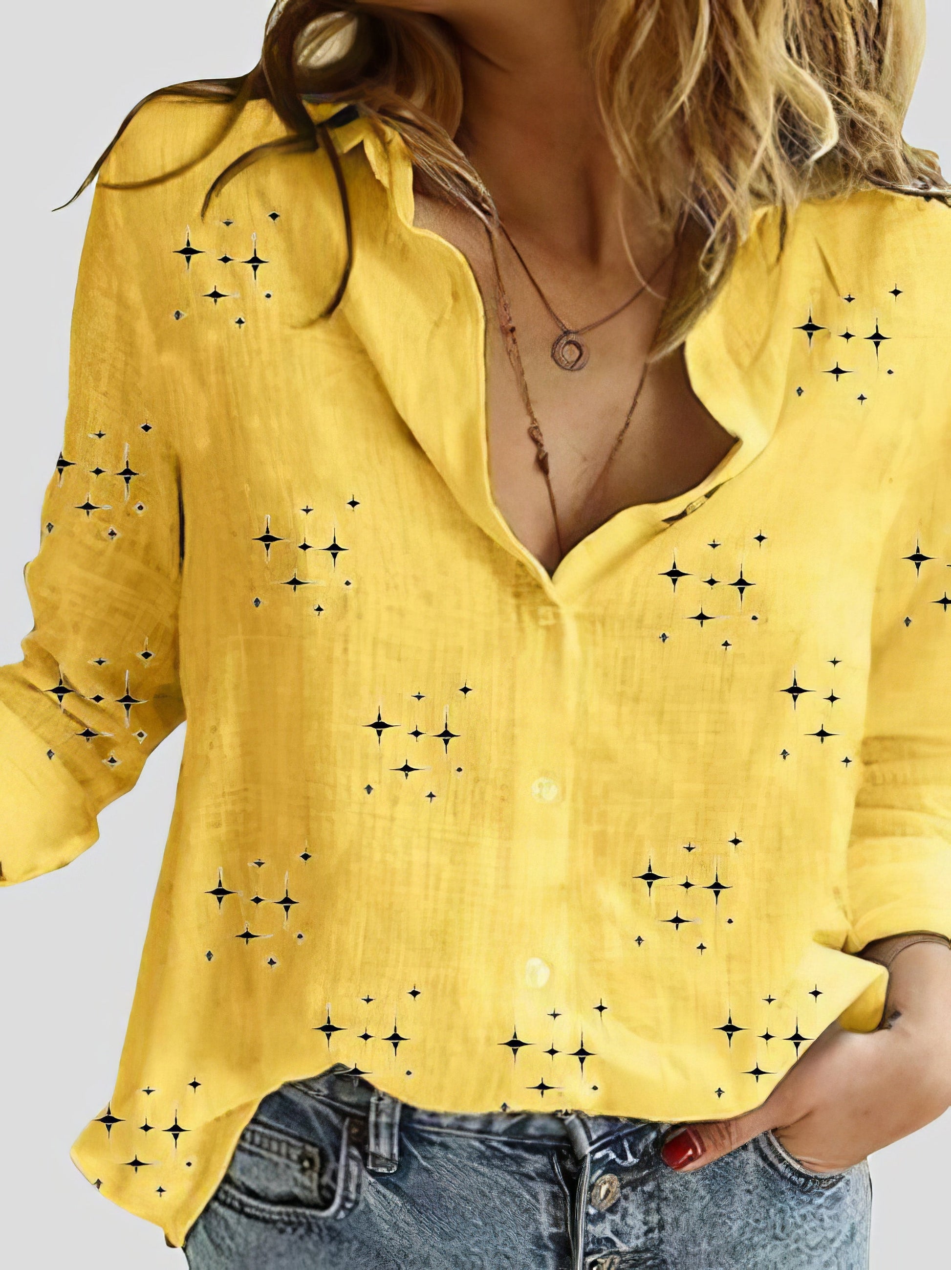 Blouses - Star Print Button Long Sleeve Blouses - MsDressly