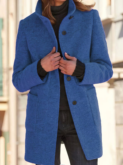 Coats - Vintage Solid Button Stand Collar Woolen Coat - MsDressly