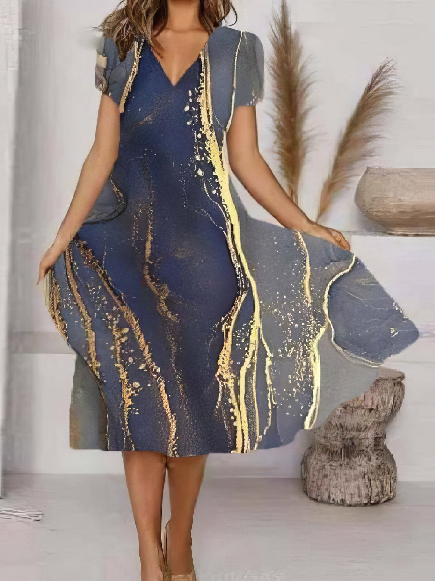 Midi Dresses - Art Print V-Neck Short Sleeve Dress - MsDressly