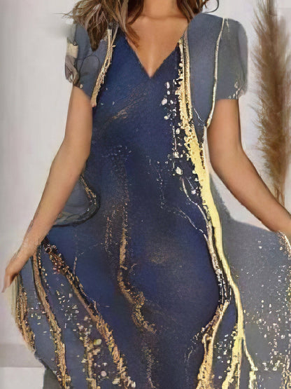Midi Dresses - Art Print V-Neck Short Sleeve Dress - MsDressly