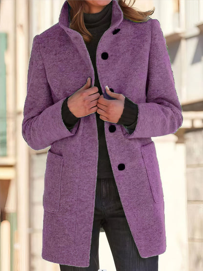 Coats - Vintage Solid Button Stand Collar Woolen Coat - MsDressly