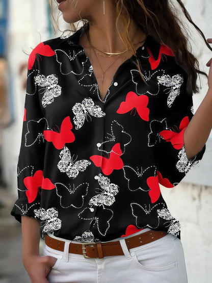 Blouses - Butterfly Print Button Long Sleeve Blouse - MsDressly