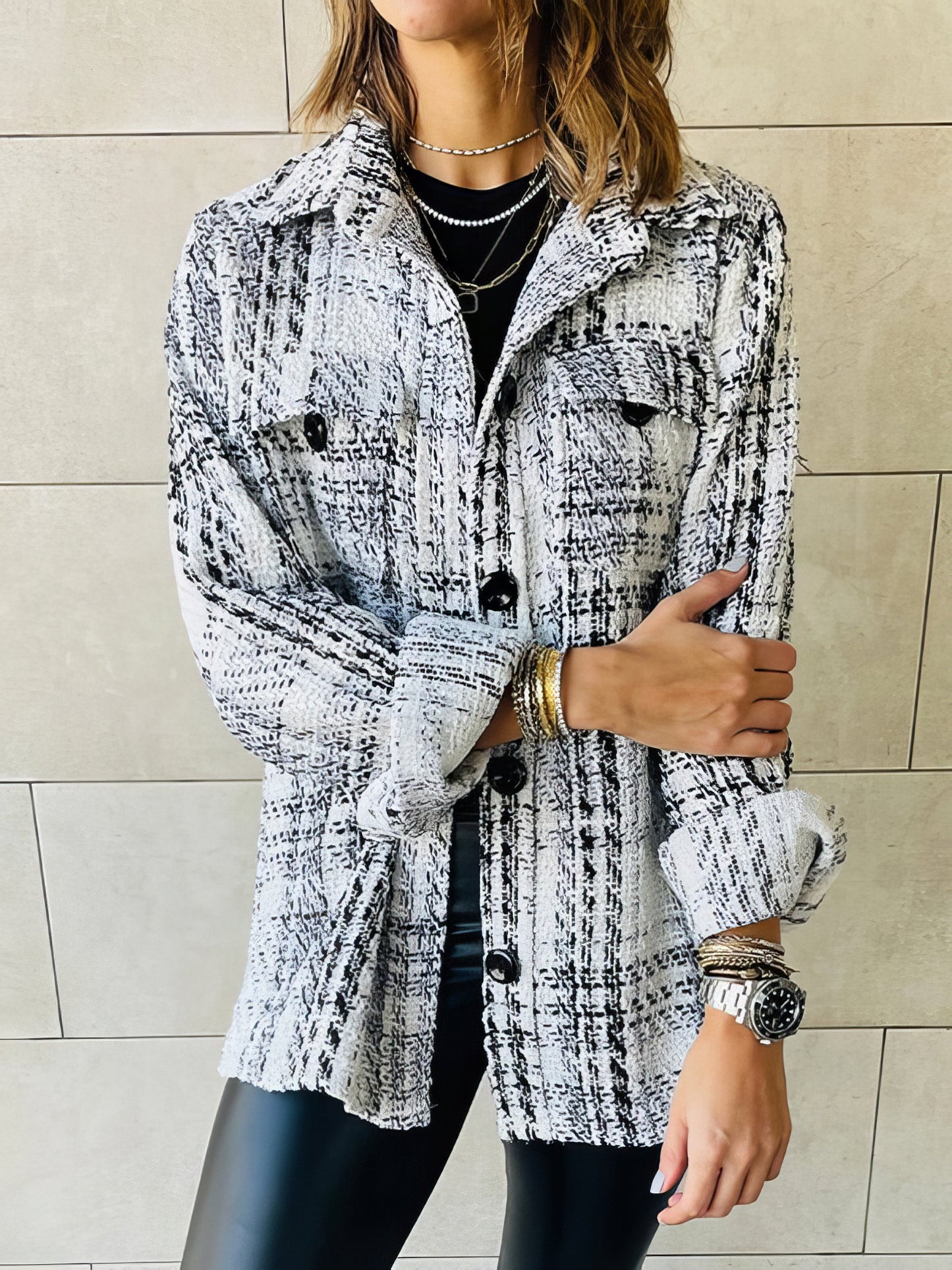 Coats - Plaid Lapel Loose Button Long Sleeves Coat - MsDressly