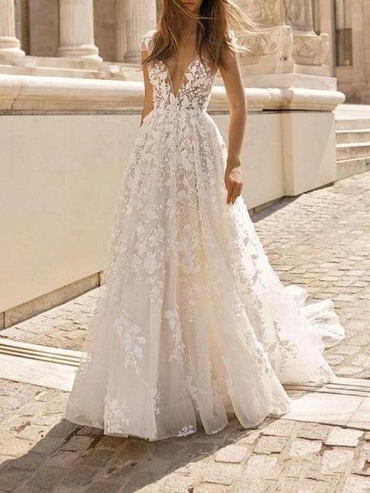 A-Line/Princess Sweep/Brush Train V-neck Applique Tulle Short Sleeves Wedding Dresses - Dresses - INS | Online Fashion Free Shipping Clothing, Dresses, Tops, Shoes - 2XL - 3XL - Color_White
