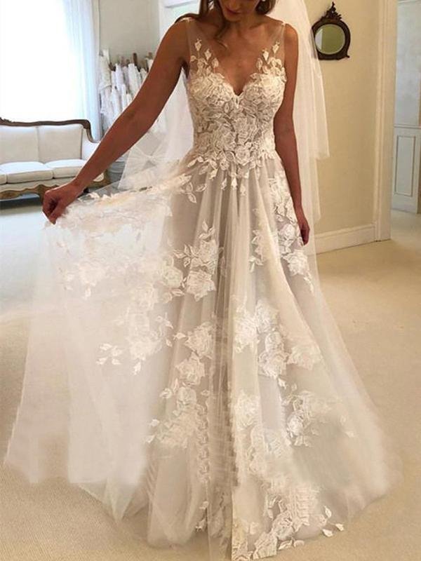 A-Line/Princess Sweep/Brush Train V-neck Sleeveless Applique Tulle Wedding Dresses - Dresses - INS | Online Fashion Free Shipping Clothing, Dresses, Tops, Shoes - 03/02/2021 - 2XL - 3XL