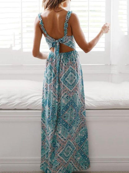 All-match Sling Tie Knot Printed Long Dress - Maxi Dresses - INS | Online Fashion Free Shipping Clothing, Dresses, Tops, Shoes - 12/07/2021 - 20-30 - color-blue