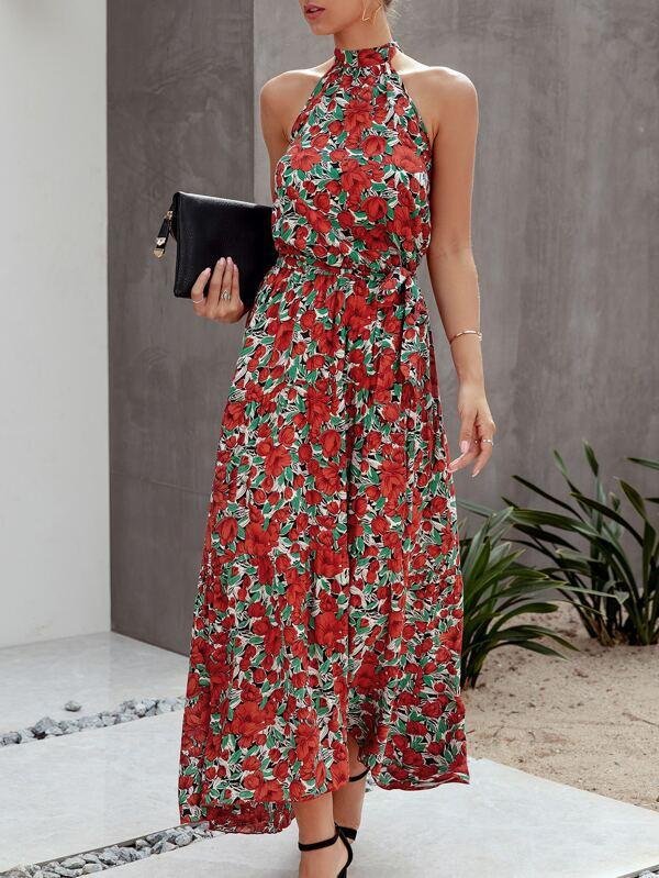 Allover Floral Maxi Halter Dress - Dresses - INS | Online Fashion Free Shipping Clothing, Dresses, Tops, Shoes - 01/29/2021 - 2XL - Beach