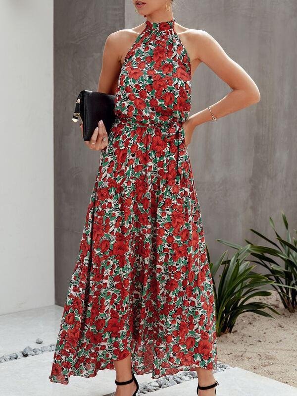 Allover Floral Maxi Halter Dress - Dresses - INS | Online Fashion Free Shipping Clothing, Dresses, Tops, Shoes - 01/29/2021 - 2XL - Beach